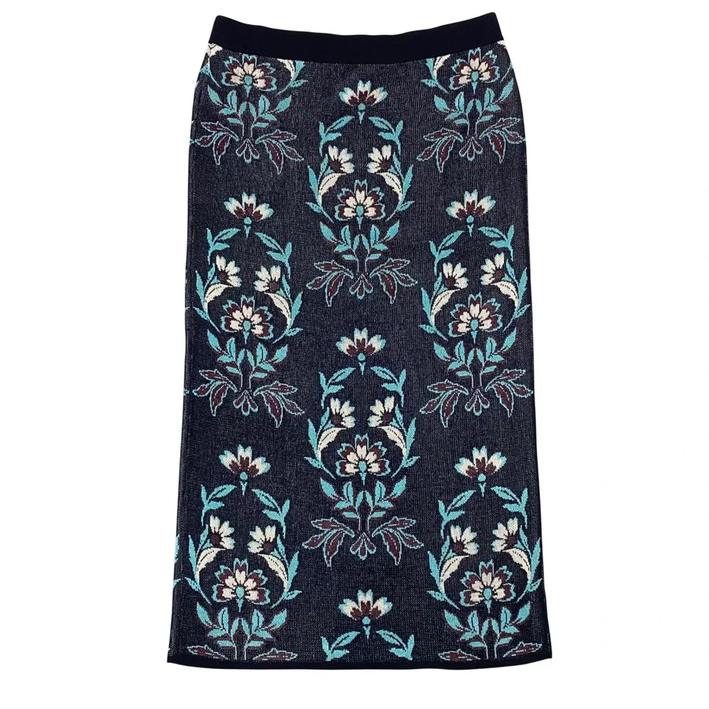 Ann Taylor Floral Jacquard Knit Sweater Skirt 2 Piece Set Womens L Navy NEW